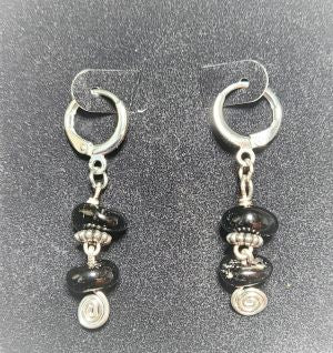 Earrings - black Tourmaline above Silver Spiral
