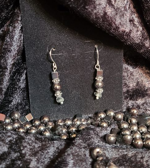 Hematite earrings with tourmalated quartz