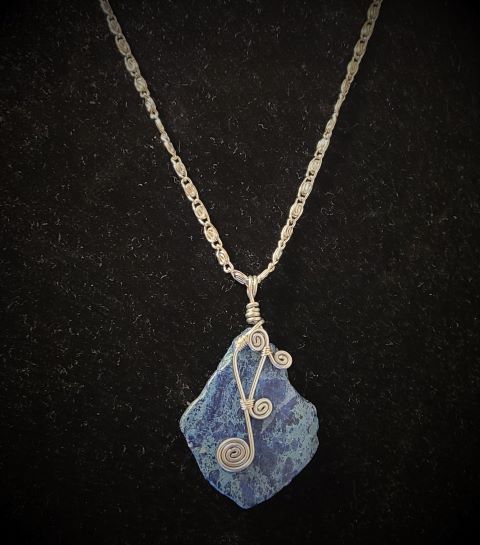 Necklace - blue jasper pendant with silver filigree