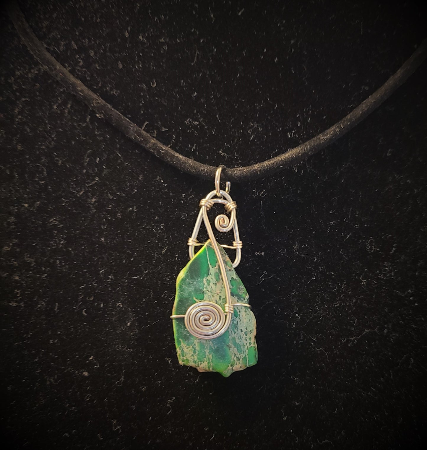 Necklace - green jasper pendant with silver filigree