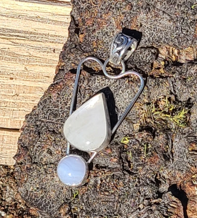 Pendant - Moonstone rising over Blue Lace Agate