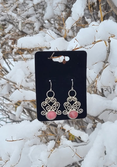 Earrings - Rhodonite surrounded by Sterling Silver Spirals