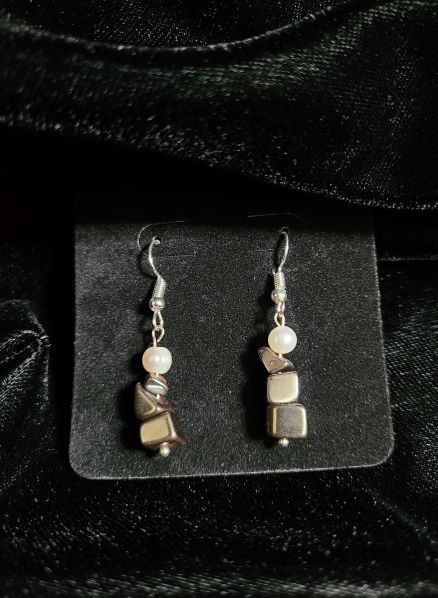 Hematite earrings with freshwater pearl and silver accents