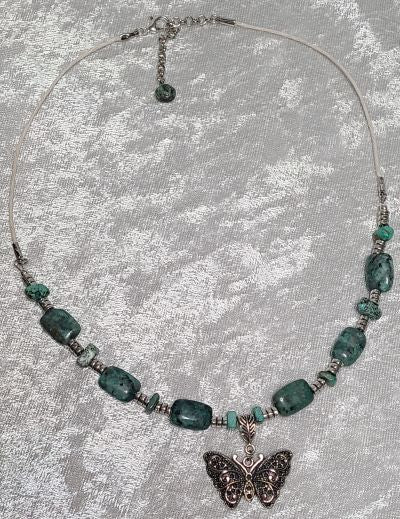 Necklace - Green African Jade and Chrysocolla with Silver Butterfly Charm