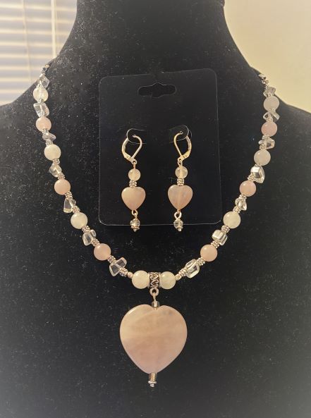 Necklace and earring set - rose quartz with quartz and silver accents