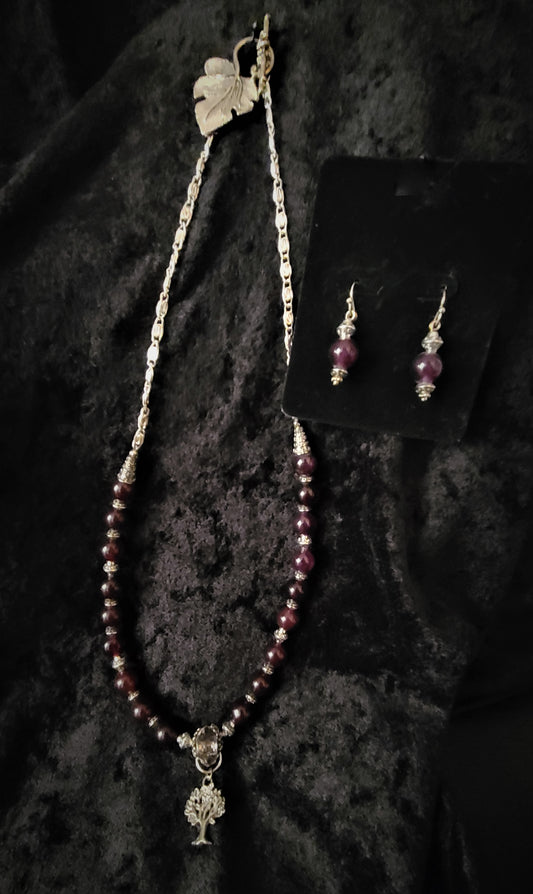 Necklace and earring set - amethyst beads with silver Tree of Life charm